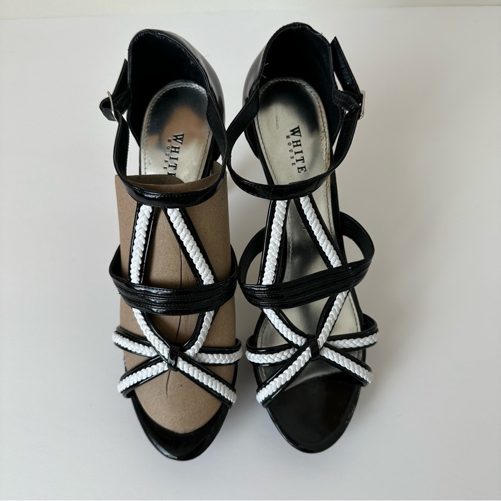 White House Black Market strappy black and white heels- 8.5